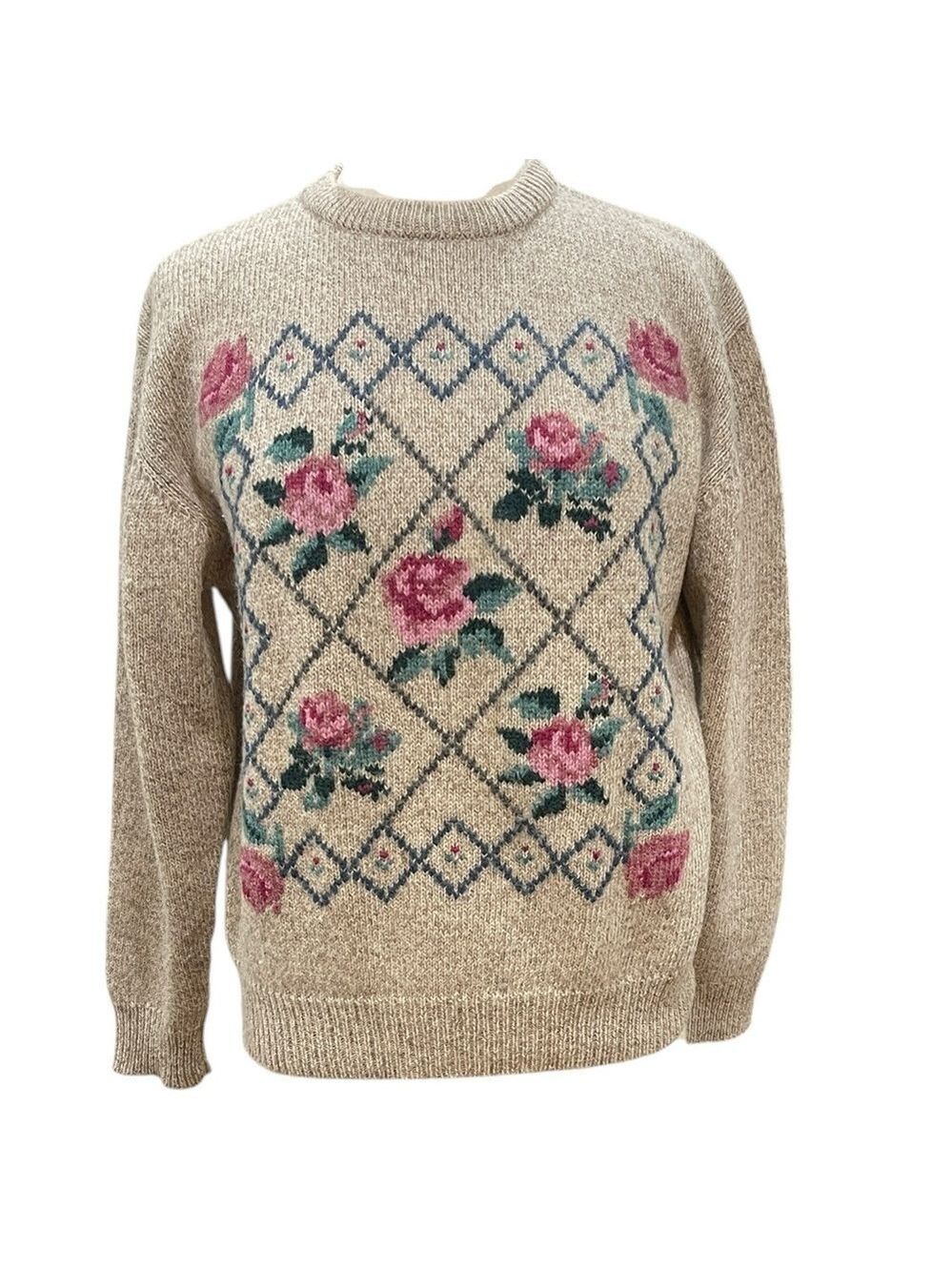 Vintage Granny Core Floral Wool Sweater SZ M Tan Pink Blue